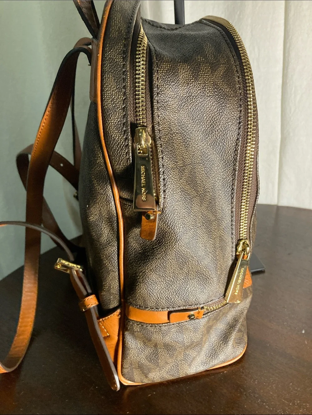 Michael Kors Brown Rhea MK Logo Backpack with Gold Hardware